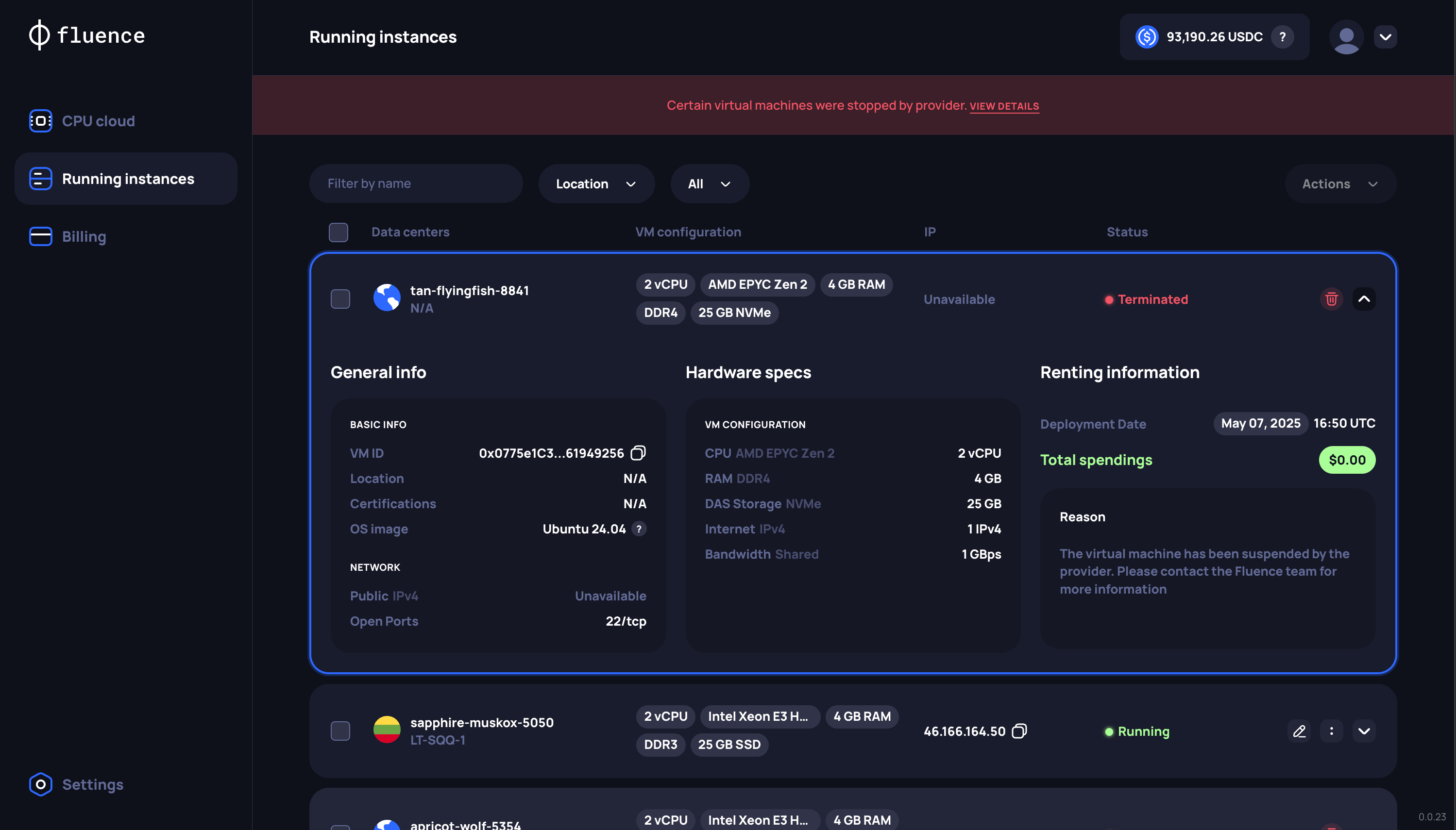 View of Running Instances page with a banner notification and a Terminated VM